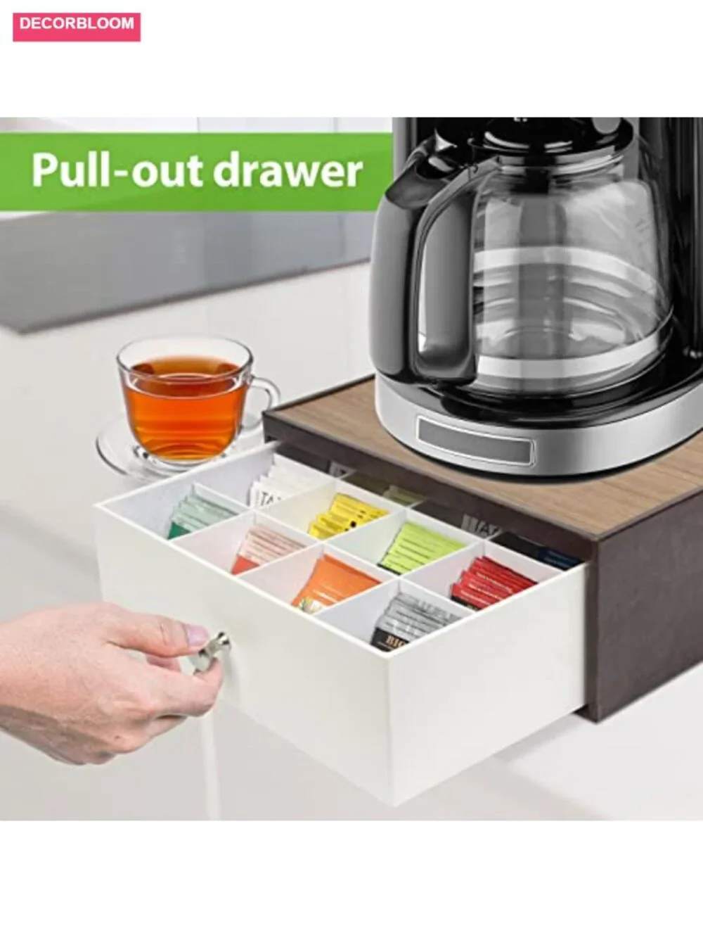 Tea Bag Organizer Countertop with Drawer 12 Compartments Acrylic Leather